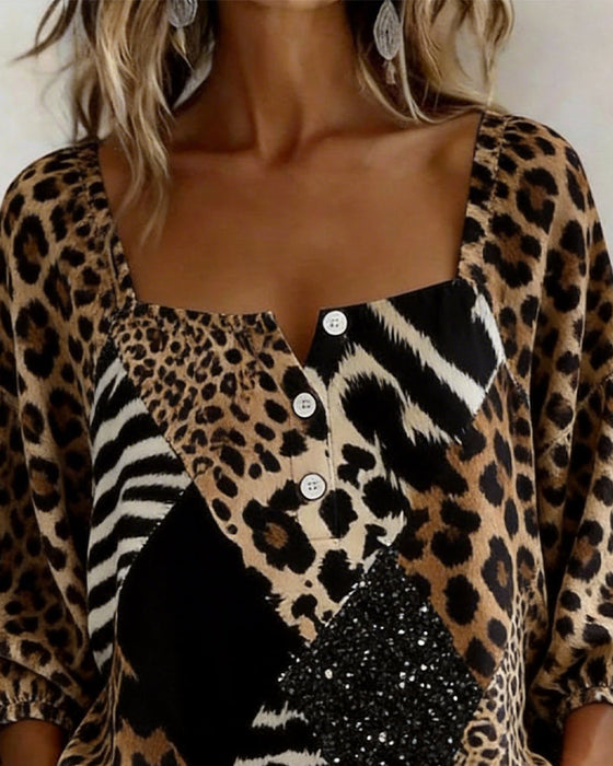 Blouse Vierkante Hals Luipaardprint Patchwork Paillet