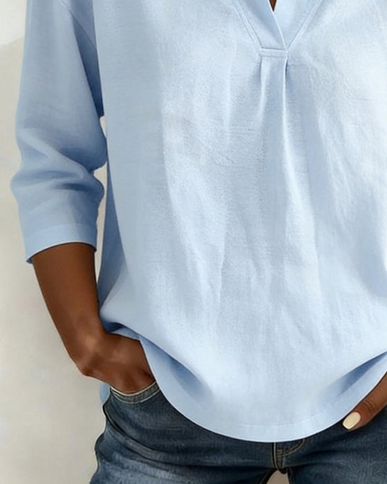 Blouse Knoopsgat V-Hals 3/4-Mouw Casual