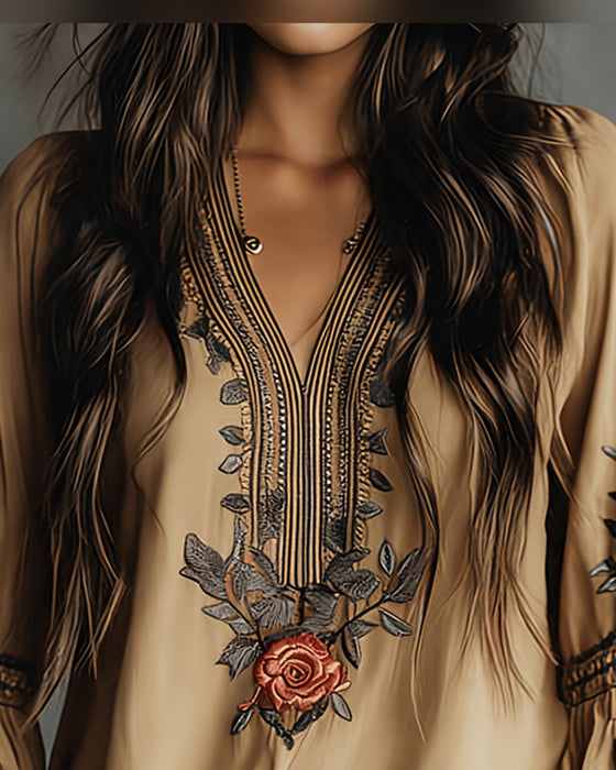 Blouse Rozenprint V-Hals Bohemien