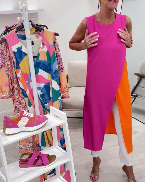 Blouse Mouwloos Contrastkleur Splits Lang