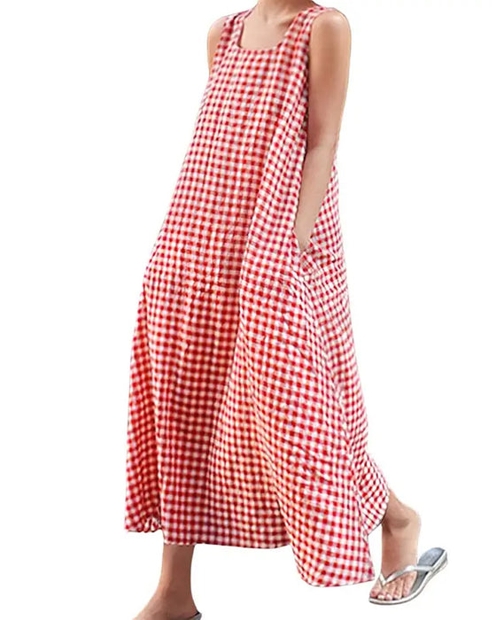 Jurk Ruit Mouwloos Vierkante Hals Maxi