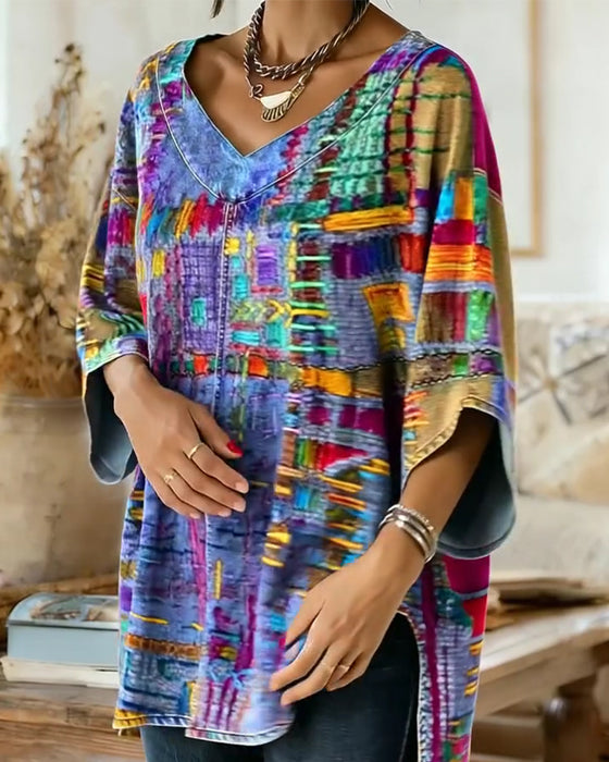 Blouse Met Kleurrijke Geometrische Print En Wijde Mouwen