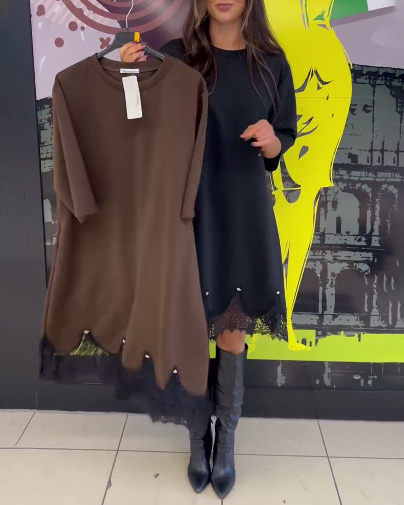 Jurk Elegant Kant Gespleten Ronde Hals