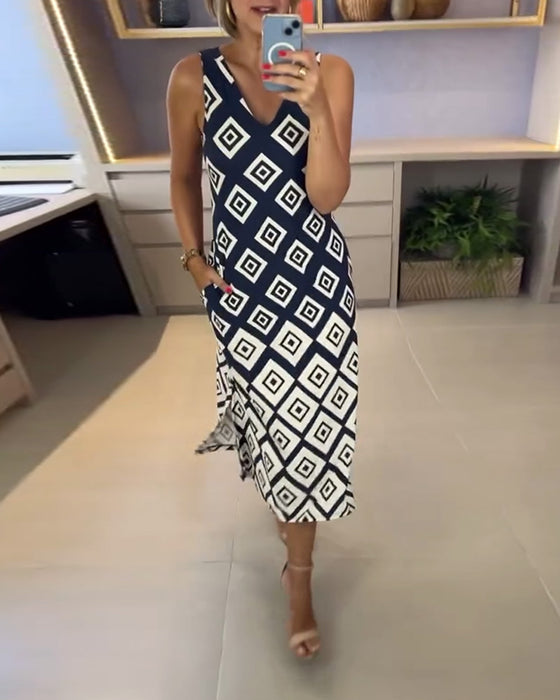 Jurk V-Hals Diamantprint Mouwloos