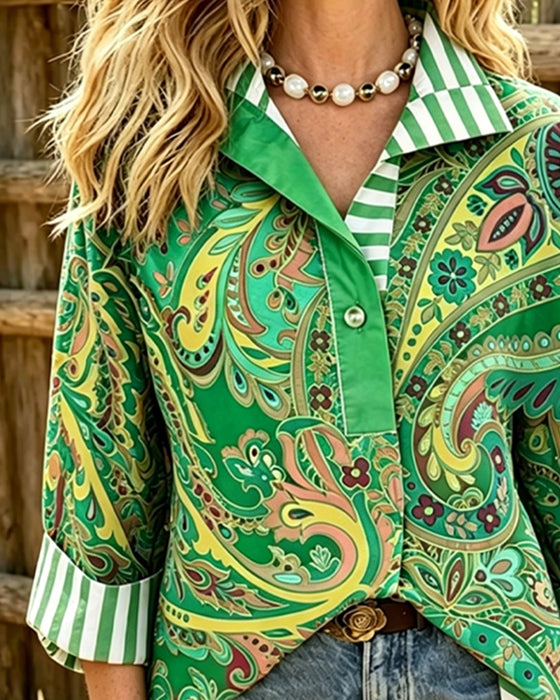 Blouse Patchwork Bloemen Afdruk Casual