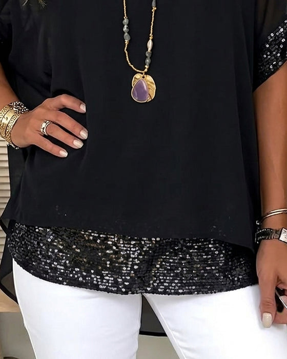 Blouse Pailletten Patchwerk Doorzichtig Los