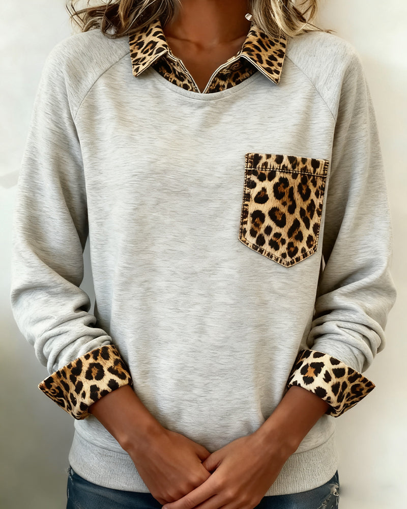 Langmouwige sweatshirt met revers en luipaardprint