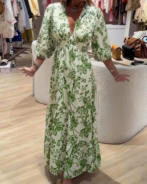 Jurk Diepe V-Hals Elegant Bloemig Lang