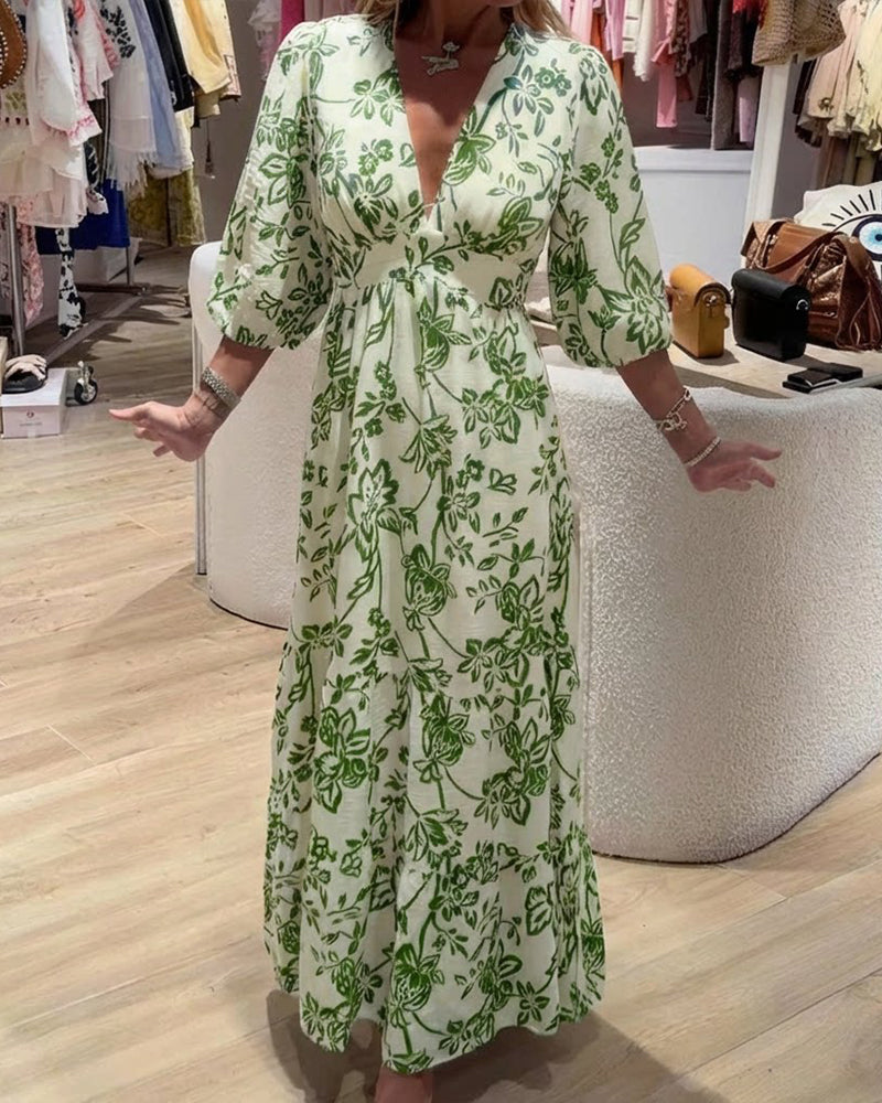 Jurk Diepe V-Hals Elegant Bloemig Lang