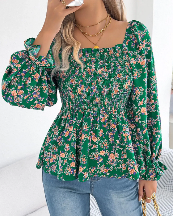 Blouse Vierkante Hals Gerimpeld Bloemig Ruffle