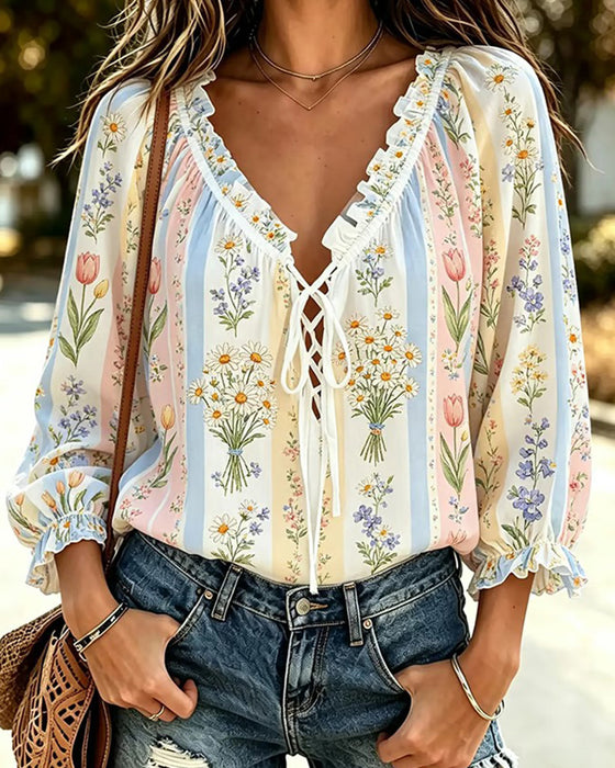 Blouse Kleurblok Bloemen Strik V-Hals