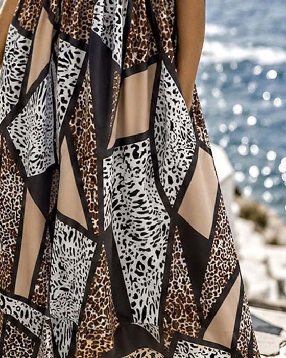 Jurk Geometrisch Patchwork Luipaard Volle Rok Maxi