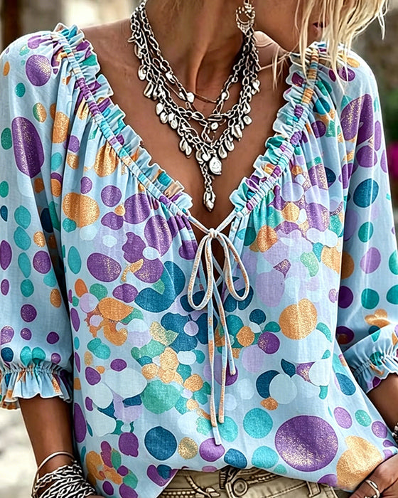 Blouse V-Hals Stippen Met Vetersluiting