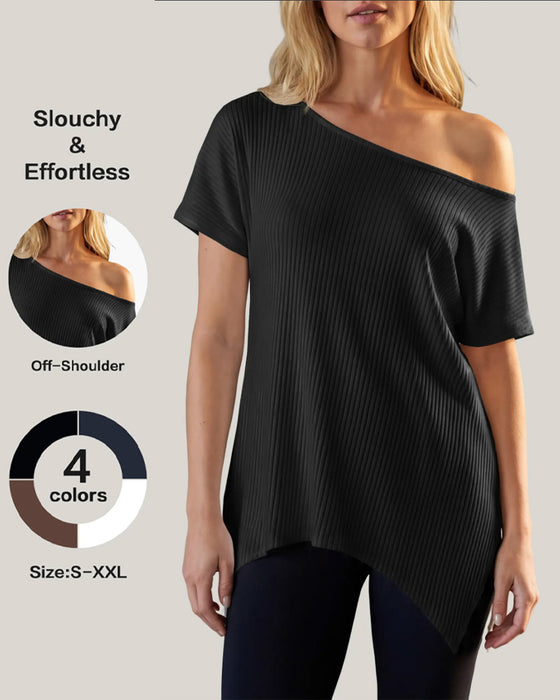 T-Shirt Onregelmatig Off-Shoulder Korte Mouw Geribbeld