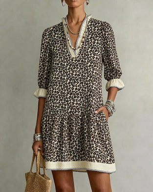 Jurk Luipaard Print Geruwd V-Hals