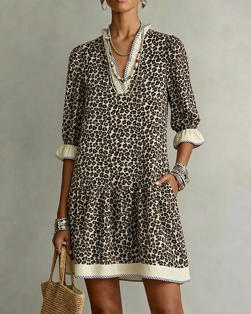 Jurk Luipaard Print Geruwd V-Hals