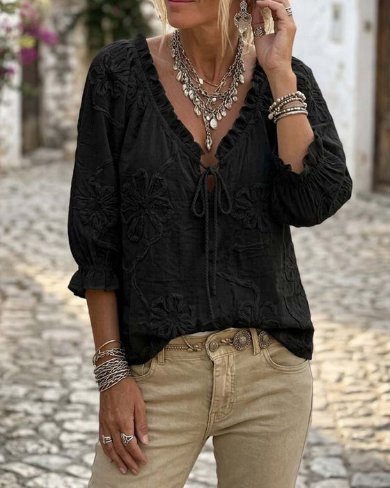 Blouse 100% Katoen V-Hals Wikkel Strik Gerafeld