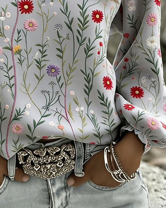 Blouse Bloemenprint Ballonmouw V-Hals