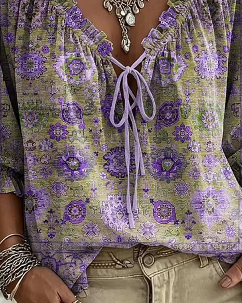 Blouse V-Hals Strik Vintage Print