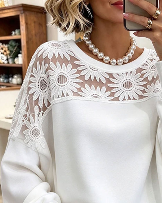 Sweatshirt Ronde Hals Zonnebloem Kant Patchwork