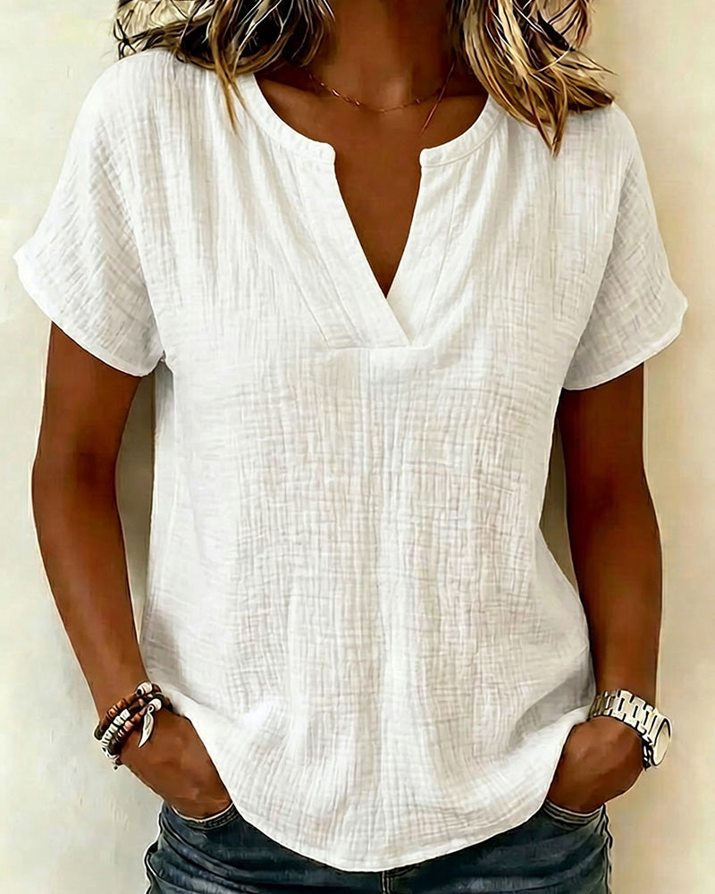 Blouse V-hals Effen Korte Mouw