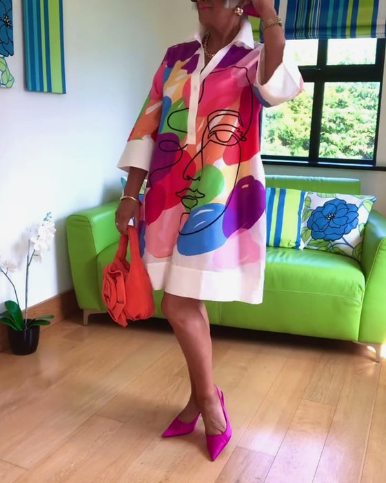 Jurk met reverskleurige portretprint