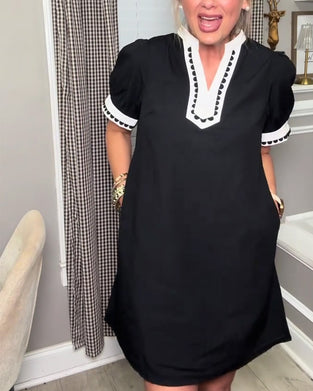 Jurk Bel Mouw Kleurenblok V-Hals