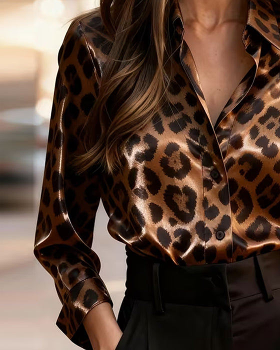 Blouse Kraag Luipaard Print Lange Mouw Gedrapeerd