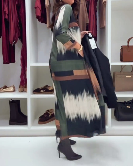 Modieuze Gedrukte Jurk Met Ronde Hals En Lange Mouwen