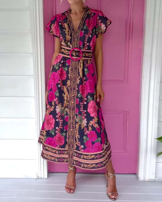 Jurk V-Hals Roos Print