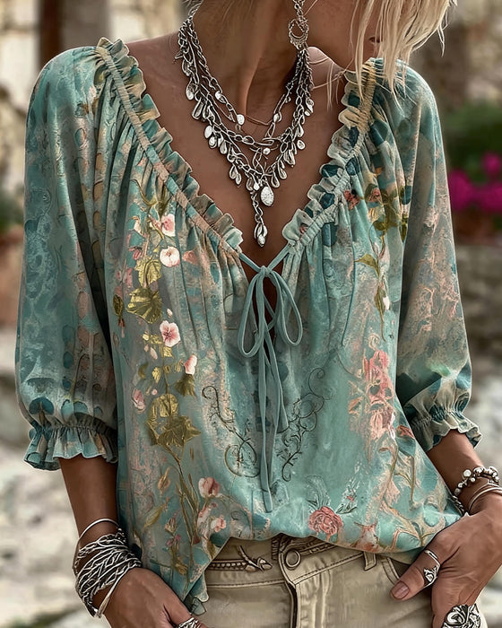 Blouse Bloemen Afdruk Trekkoord Driekwart Mouw