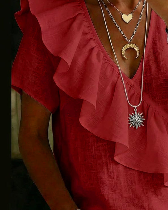 Blouse V-Hals Korte Mouw Ruches