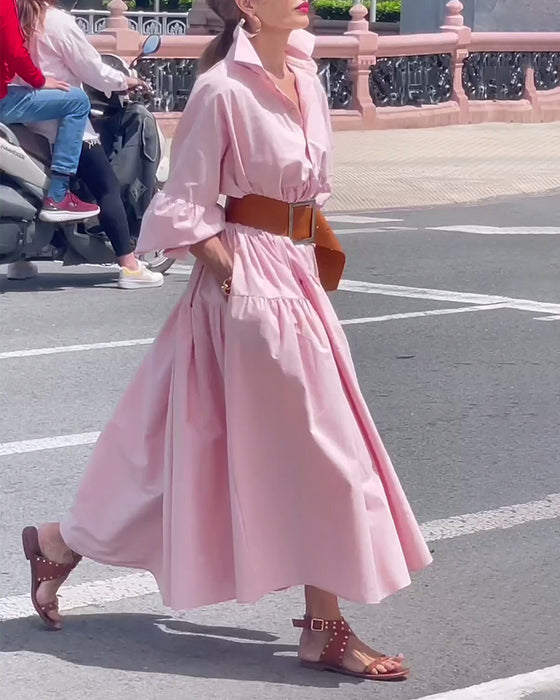 Jurk met revers en volledige rok in effen kleur