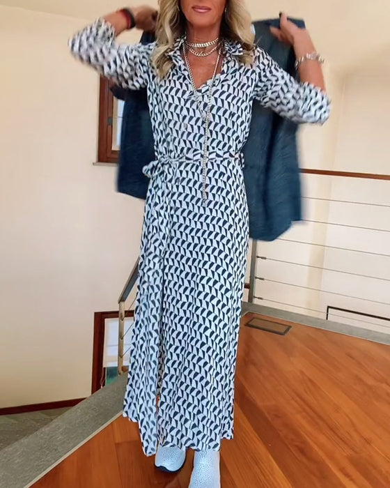 Jurk met revers en split met geometrische print