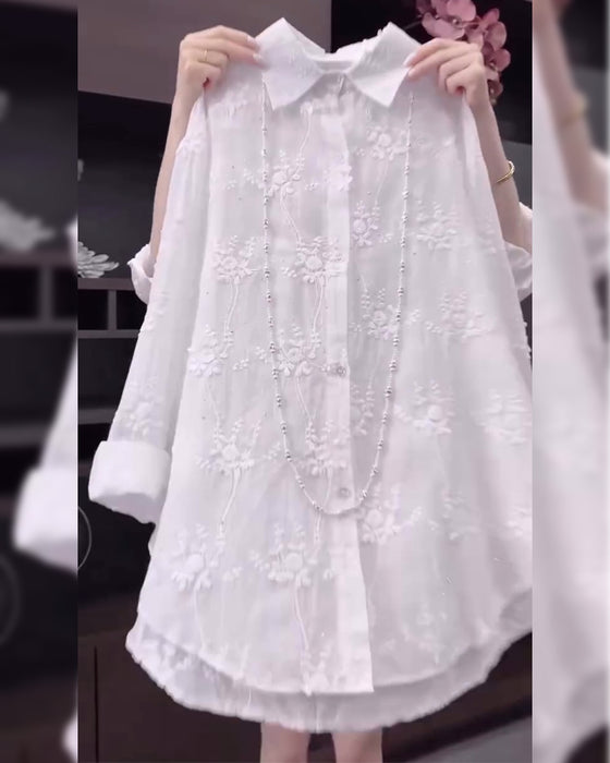 Shirt Effen Geborduurd Vallende Schouder