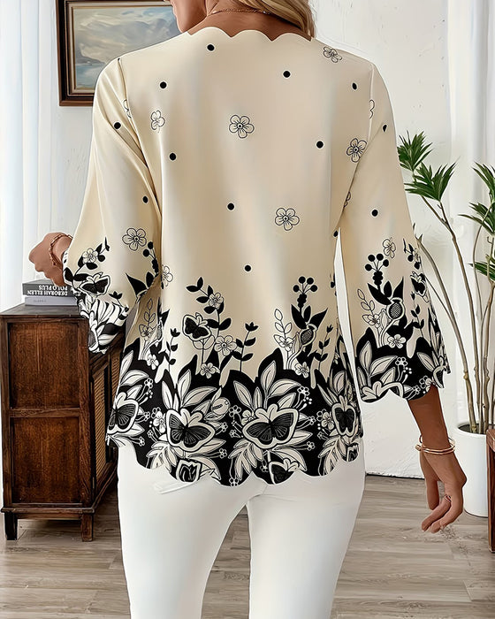Blouse V-hals Driekwart Mouw Onregelmatig