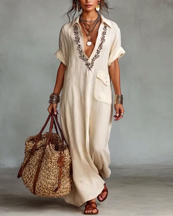 Jurk Diepe V-Hals Geborduurd Casual Lang