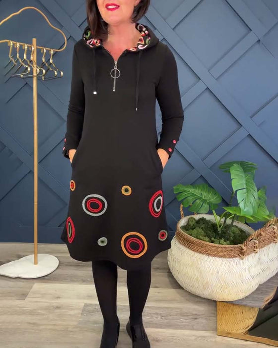 Casual jurk met rits en capuchon en cirkelprint