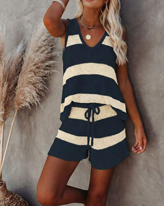 Set Mouwloos V-Hals Gestreepte Shorts