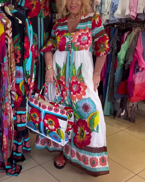 Diepe V losse casual bloemenjurk