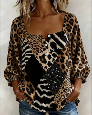 Blouse Vierkante Hals Luipaardprint Patchwork Paillet
