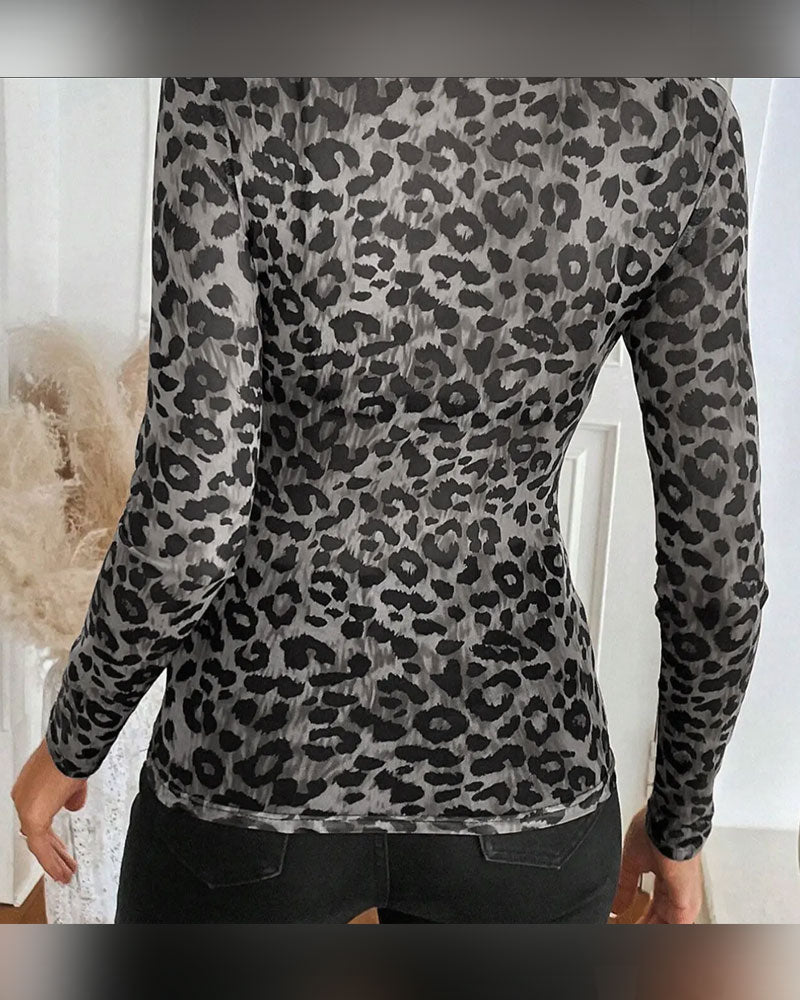 Top Luipaardprint Ronde Hals Lange Mouw
