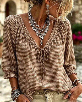 Blouse V-Hals Pofmouw Strik Ruitjesmotief