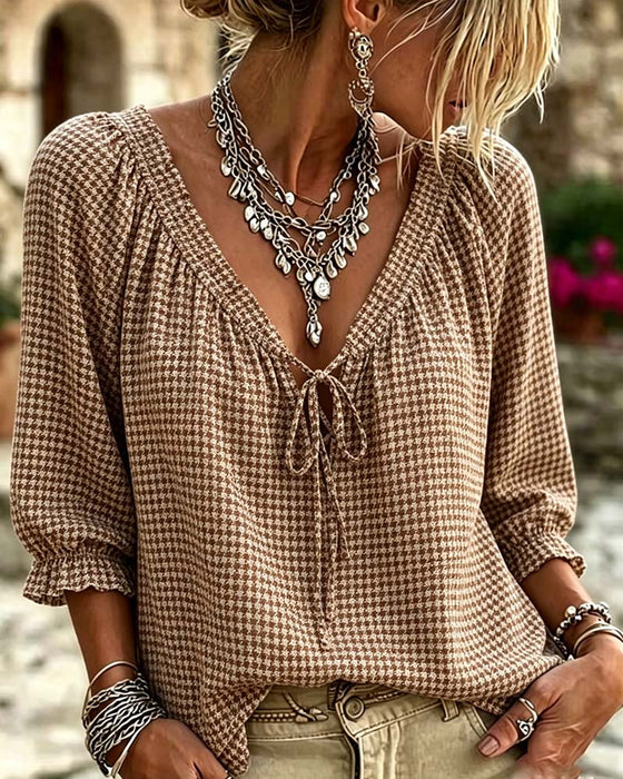 Blouse V-Hals Pofmouw Strik Ruitjesmotief