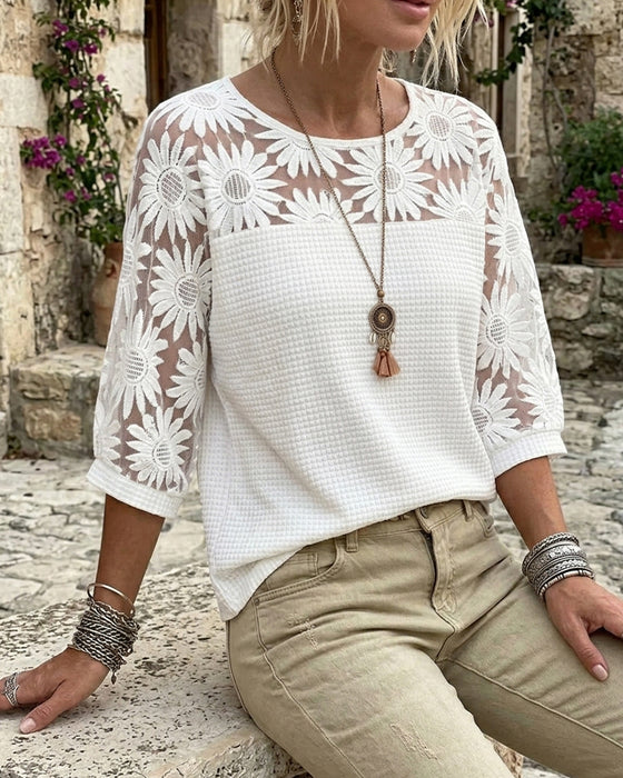 T-Shirt Ronde Hals Kant Wafel Patchwork