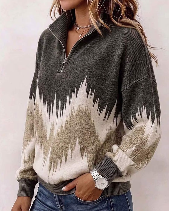 Sweatshirt Kraag Rits Kleurblok Losse Pasvorm