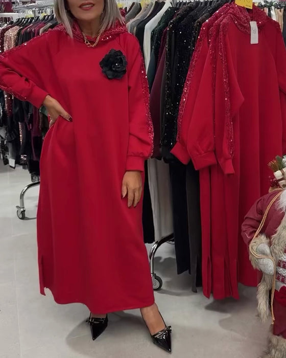 Jurk Met Capuchon Glitter Applicatie Lang