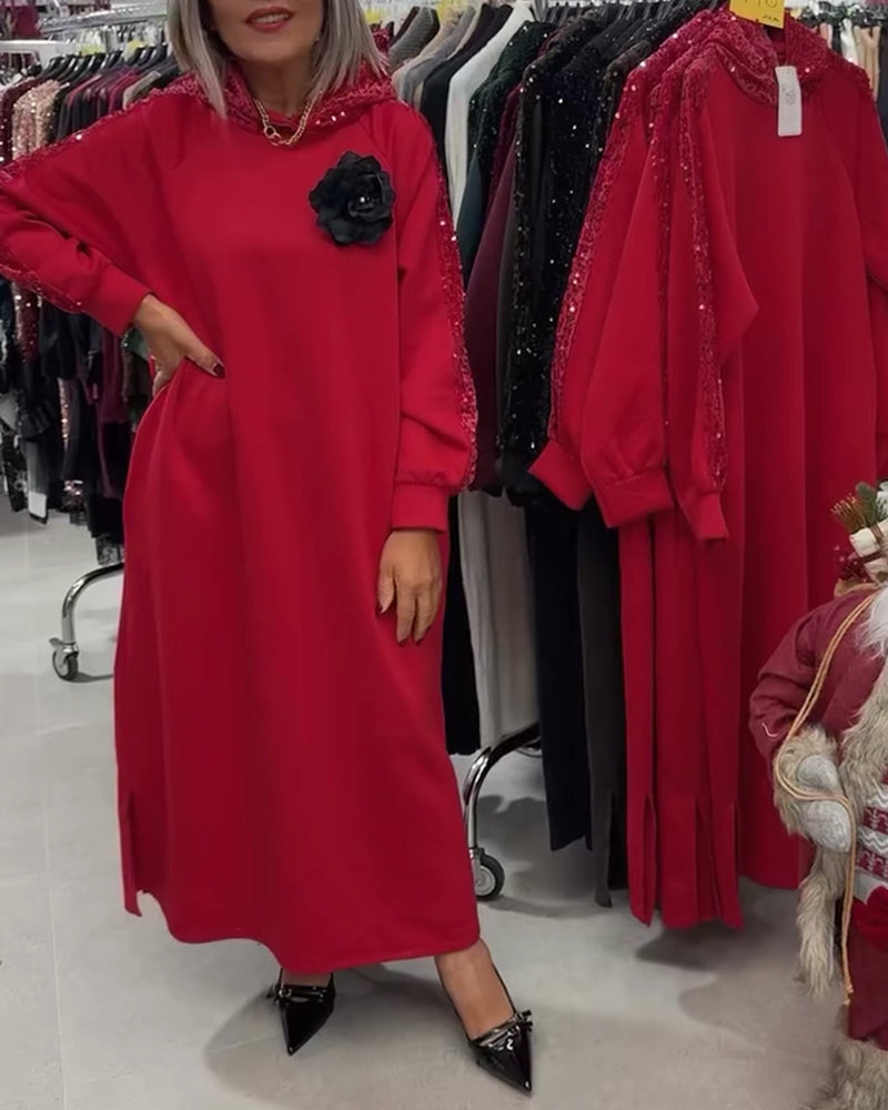 Jurk Met Capuchon Glitter Applicatie Lang