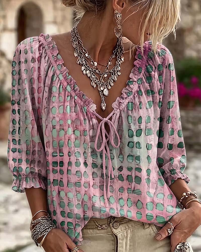 Blouse Stippenpatroon Met Vetersluiting