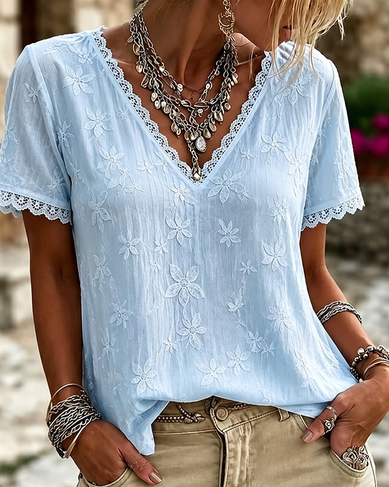 Blouse V-Hals Kant Korte Mouw